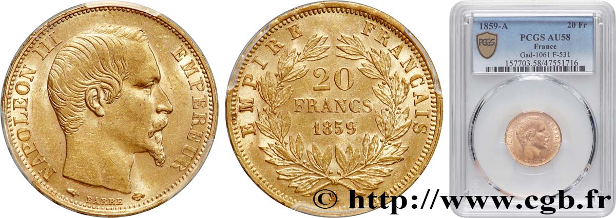 20 francs or Napoléon III, tête nue 1859 Paris F.531/15 EBC58 PCGS