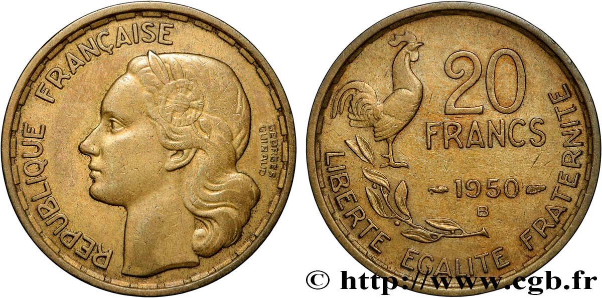20 francs Georges Guiraud, 4 faucilles 1950 Beaumont-Le-Roger F.401/3 TTB50