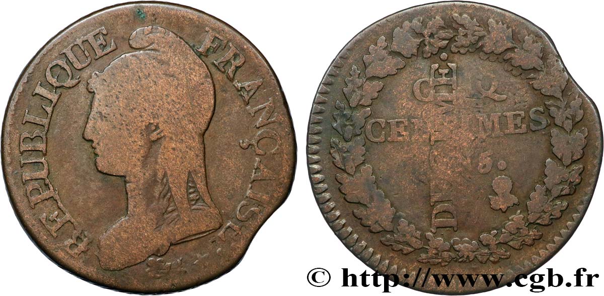 Cinq centimes Dupré, grand module,  refrappage  du décime 1797 Limoges F.114/8 B12 