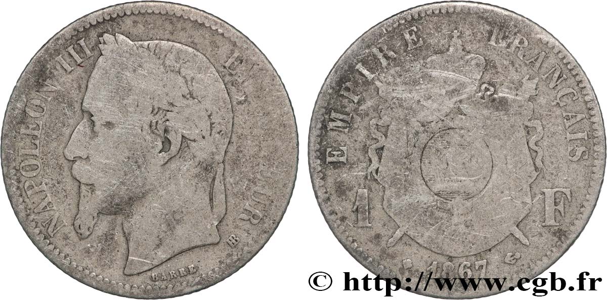 1 franc Napoléon III, tête laurée 1867 Strasbourg F.215/7 B