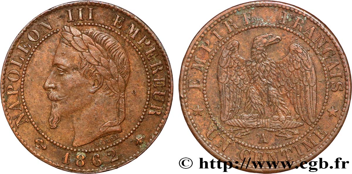 Un centime Napoléon III, tête laurée 1862 Paris F.103/4 SUP+
