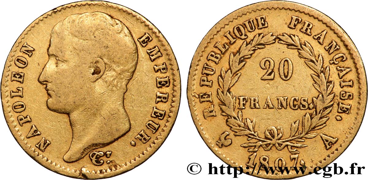 20 francs or Napoléon tête nue, type transitoire 1807 Paris F.514/1 TB+