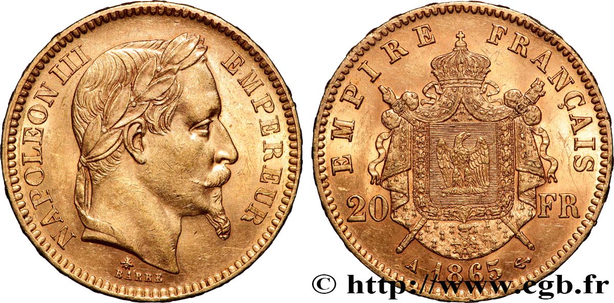 20 francs or Napoléon III, tête laurée 1865 Paris F.532/11 SUP55