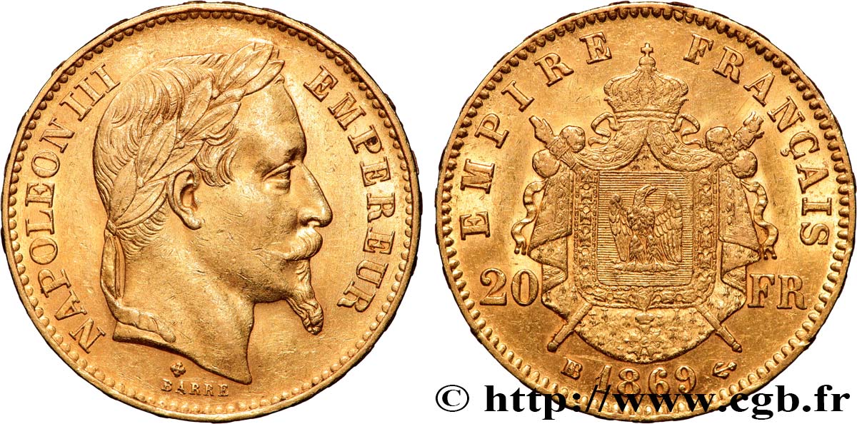 20 francs or Napoléon III, tête laurée 1869 Strasbourg F.532/21 TTB+