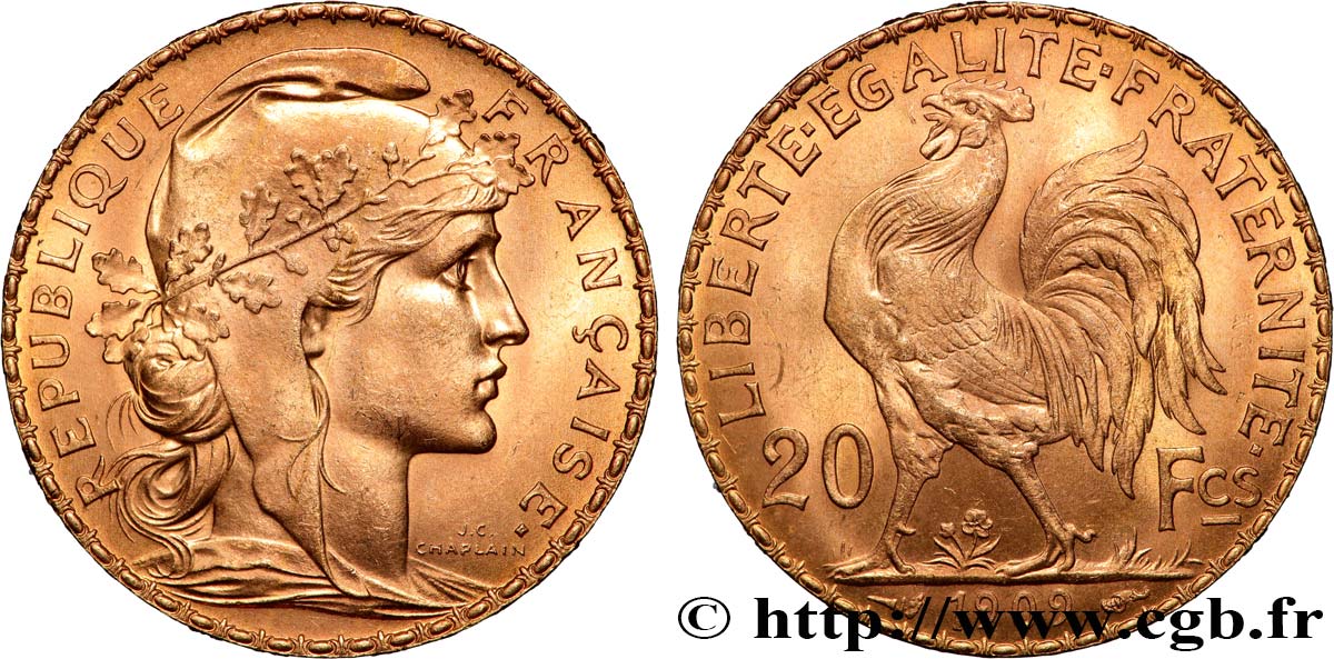 20 francs or Coq, Liberté Égalité Fraternité 1909 Paris F.535/3 MS