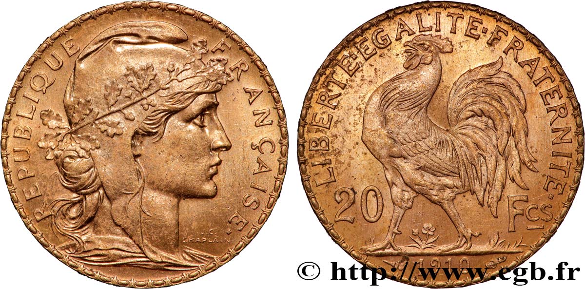 20 francs or Coq, Liberté Égalité Fraternité 1910 Paris F.535/4 SUP