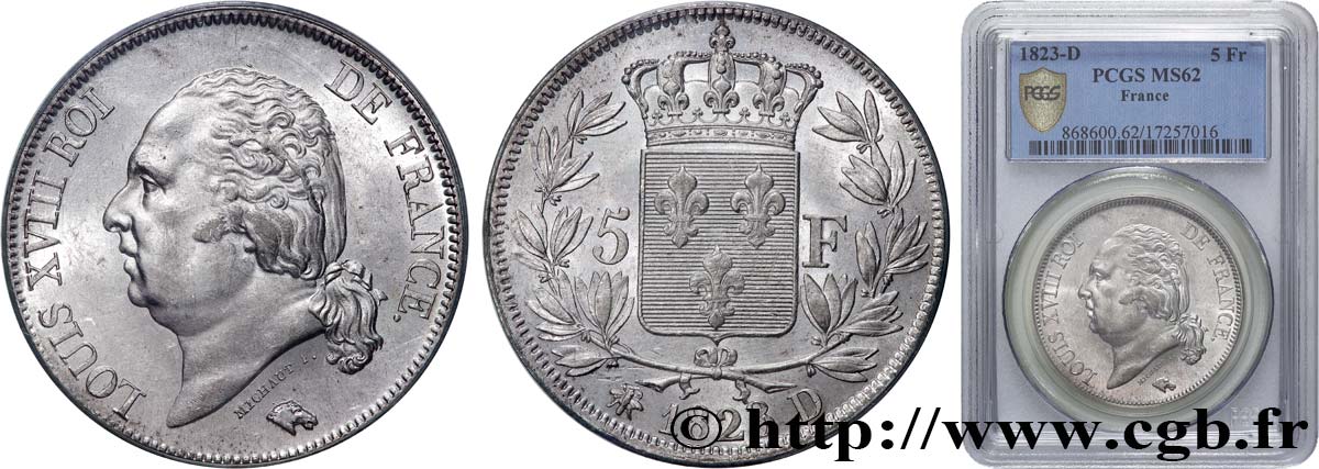 5 francs Louis XVIII, tête nue 1823 Lyon F.309/79 EBC62 PCGS