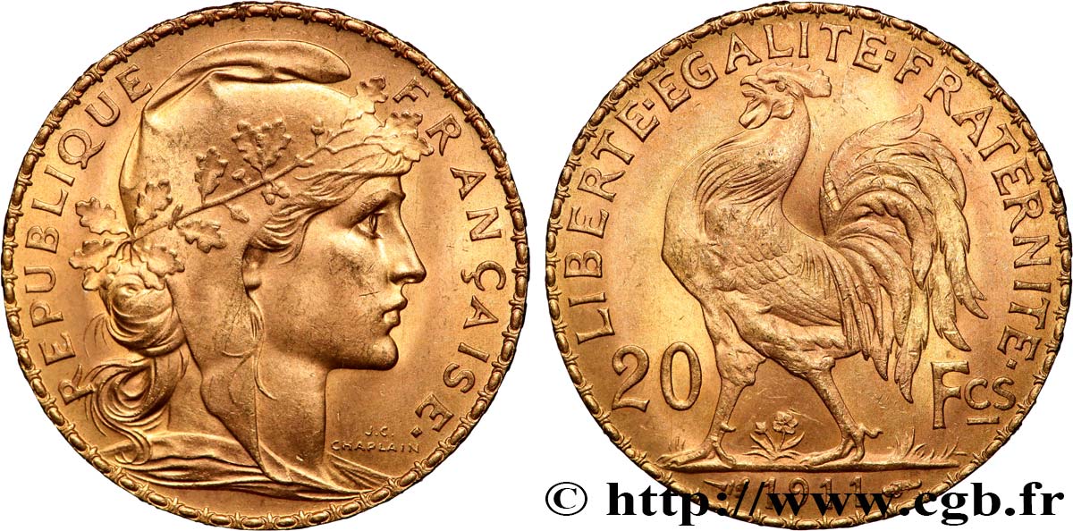 20 francs or Coq, Liberté Égalité Fraternité 1911 Paris F.535/5 SUP