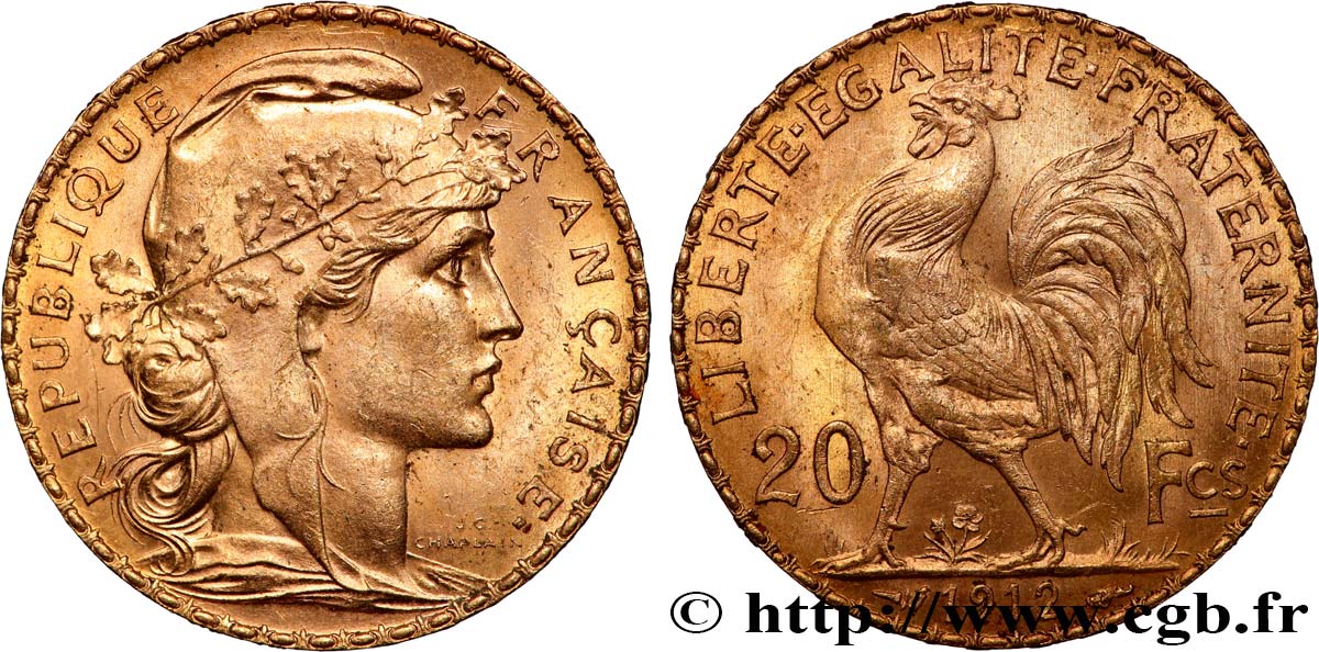20 francs or Coq, Liberté Égalité Fraternité 1912 Paris F.535/6 SUP
