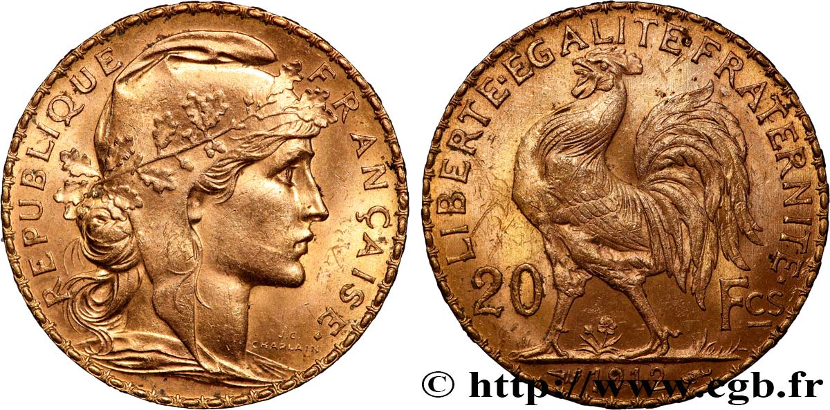20 francs or Coq, Liberté Égalité Fraternité 1912 Paris F.535/6 AU