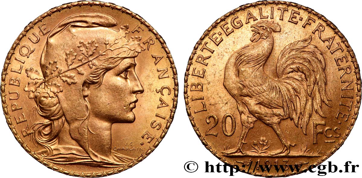 20 francs or Coq, Liberté Égalité Fraternité 1913 Paris F.535/7 SUP