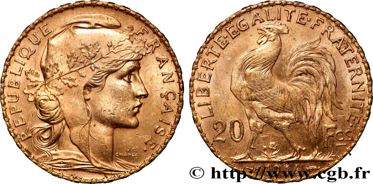 20 francs or Coq, Liberté Égalité Fraternité 1914 Paris F.535/8 SUP