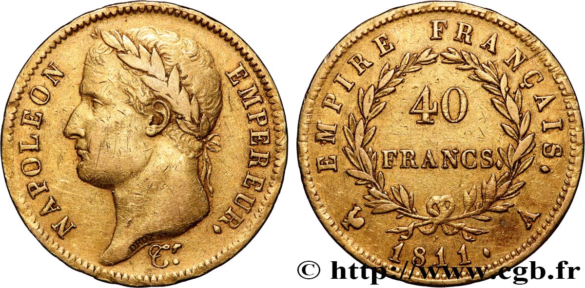 40 francs or Napoléon tête laurée, Empire français 1811 Paris F.541/6 TB+