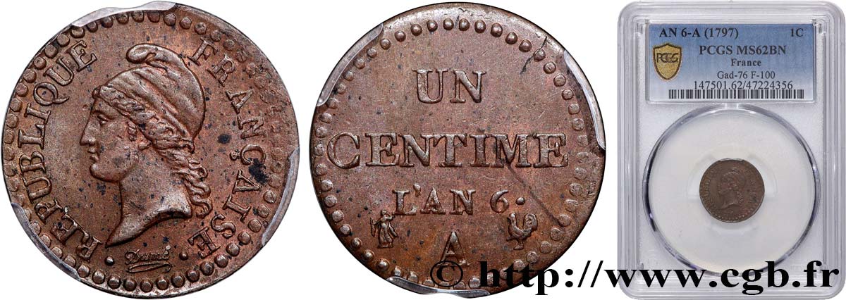Un centime Dupré, 6 normal 1798 Paris F.100/3 MS62 PCGS