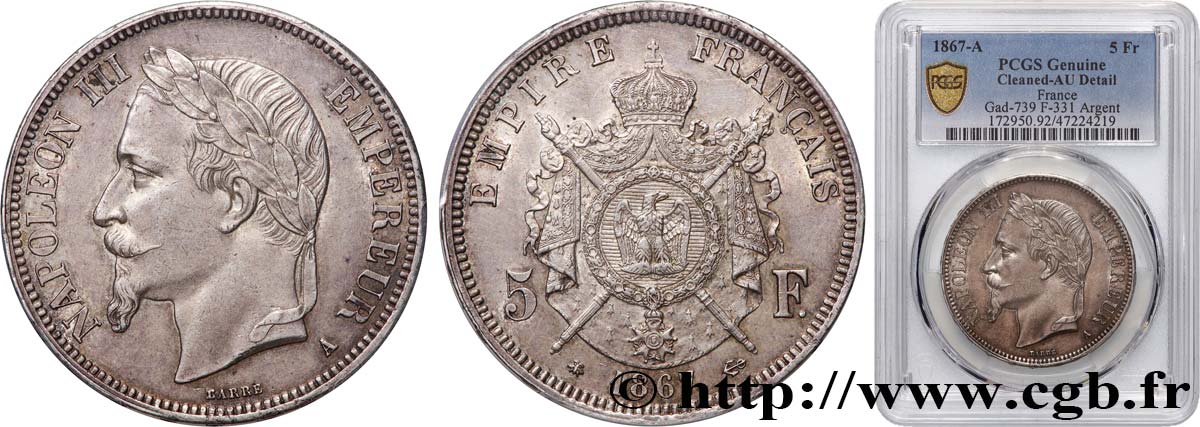 5 francs Napoléon III, tête laurée 1867 Paris F.331/10 SUP PCGS