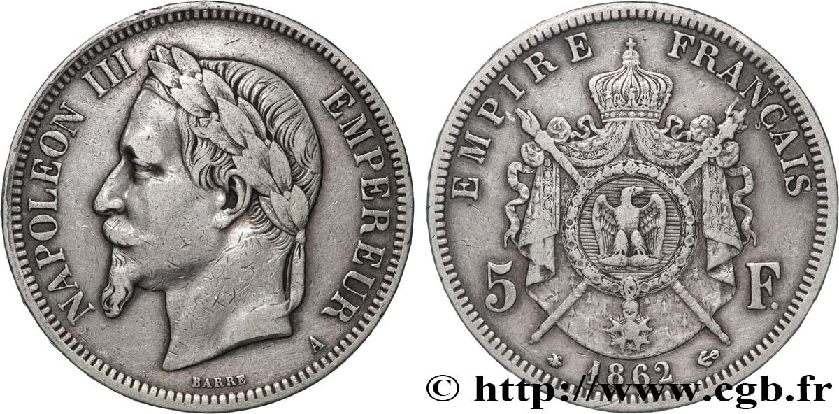 5 francs Napoléon III, tête laurée 1862 Paris F.331/3 q.BB 