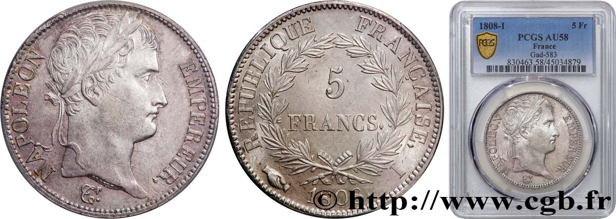5 francs Napoléon Empereur, République française 1808 Limoges F.306/7 AU58 PCGS