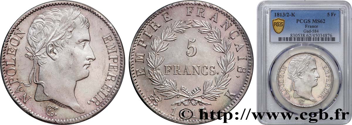 5 francs Napoléon Empereur, Empire français 1813 Bordeaux F.307/65 MS62 PCGS