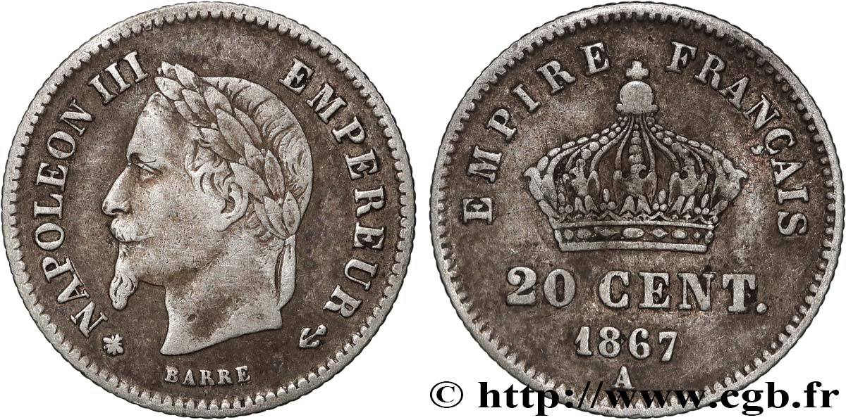 20 centimes Napoléon III, tête laurée, grand module 1867 Paris F.150/1 XF 