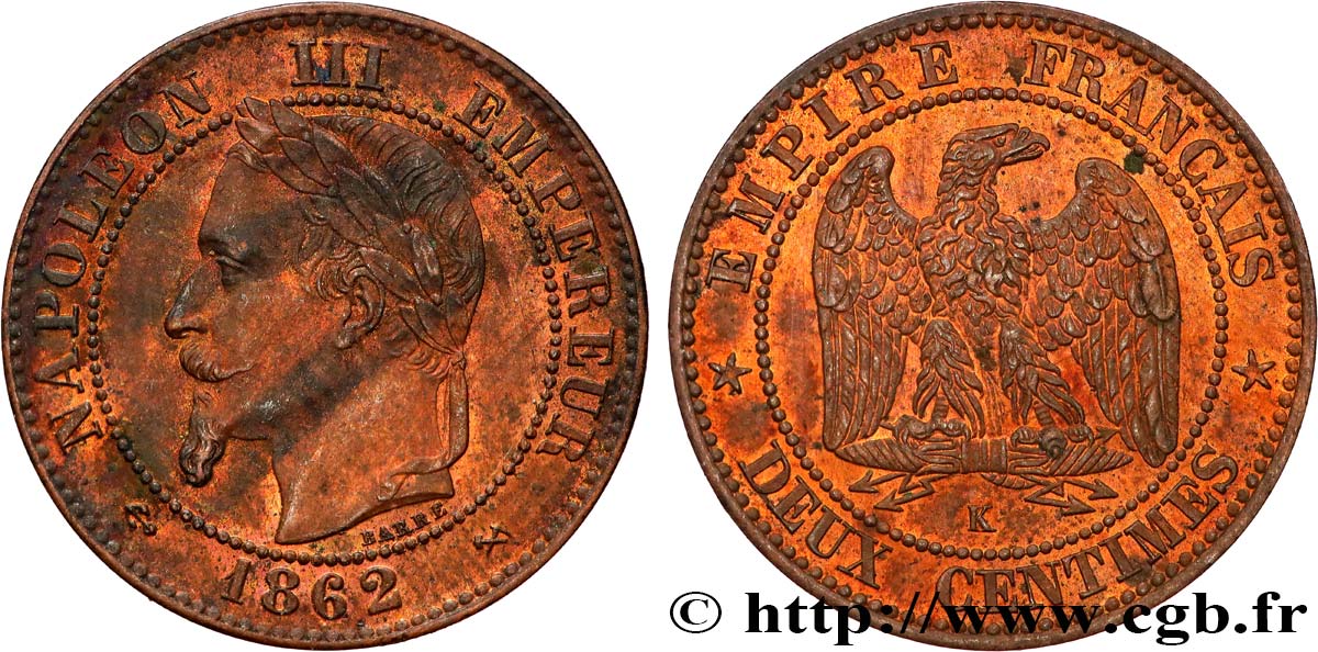 Deux centimes Napoléon III, tête laurée, buste définitif 1862 Bordeaux F.108A/7 TTB 