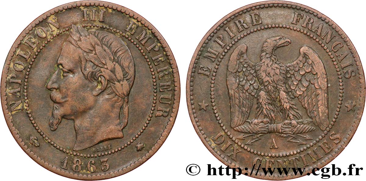 Dix centimes Napoléon III, tête laurée 1863 Paris F.134/10 TTB