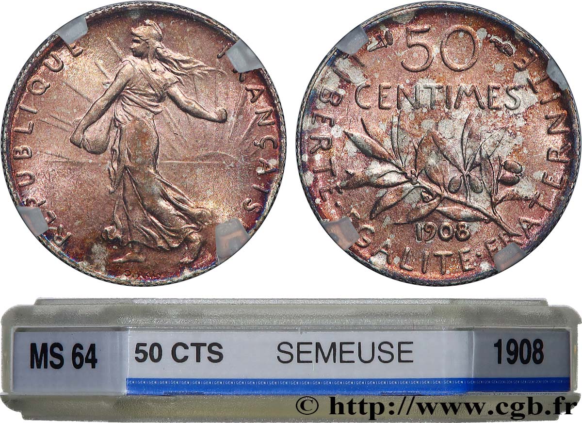 50 centimes Semeuse 1908 Paris F.190/15 MS64 GENI