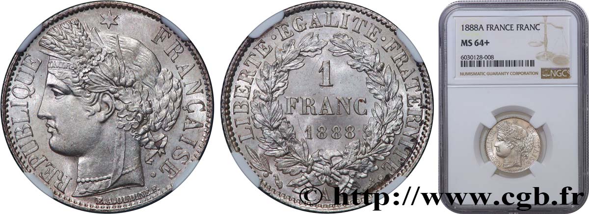 1 franc Cérès, IIIe République 1888 Paris F.216/10 fST64 NGC