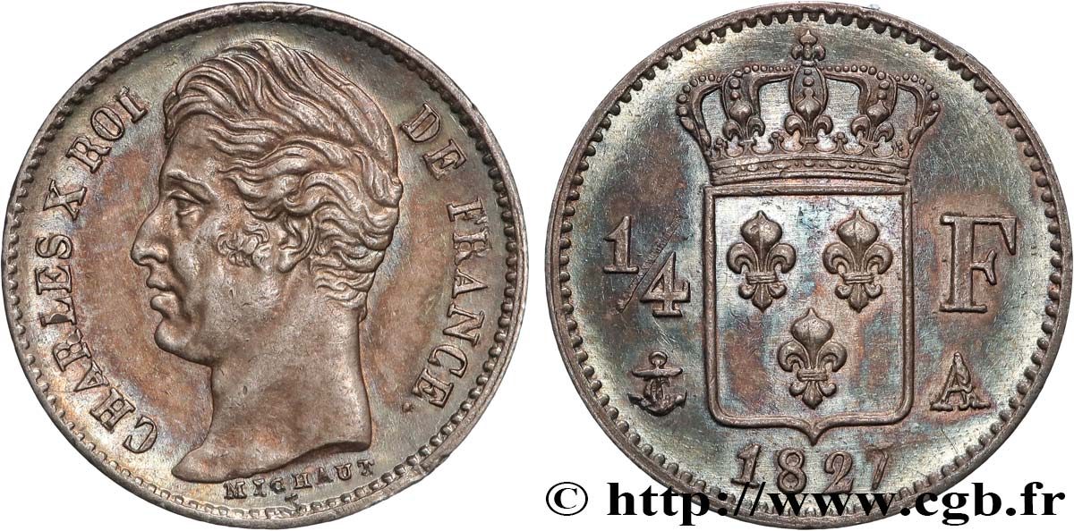 1/4 franc Charles X 1827 Paris F.164/10 MBC+ 