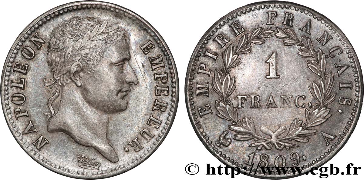 1 franc Napoléon Ier tête laurée, Empire français 1809 Paris F.205/1 BB/q.SPL 