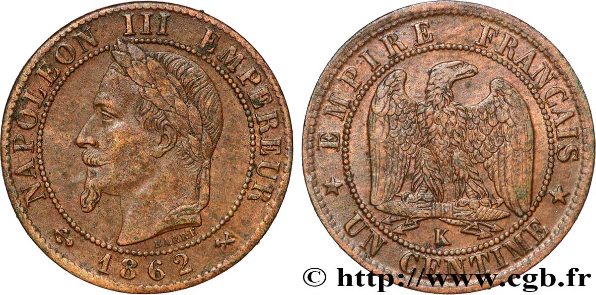 Un centime Napoléon III, tête laurée 1862 Bordeaux F.103/7 SUP60