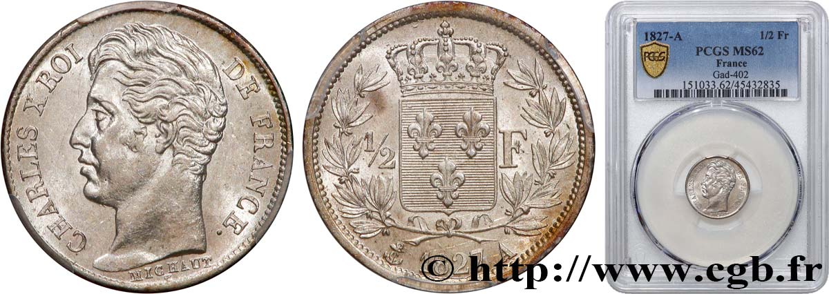 1/2 franc Charles X 1827 Paris F.180/13 MS62 PCGS