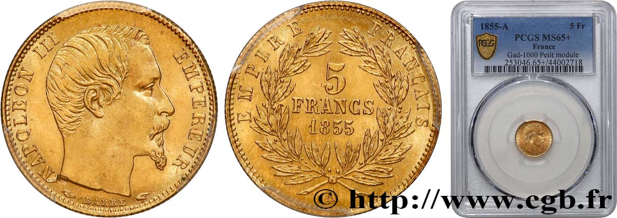 5 francs or Napoléon III, tête nue, petit module, tranche cannelée 1855 Paris F.500A/2 FDC65 PCGS