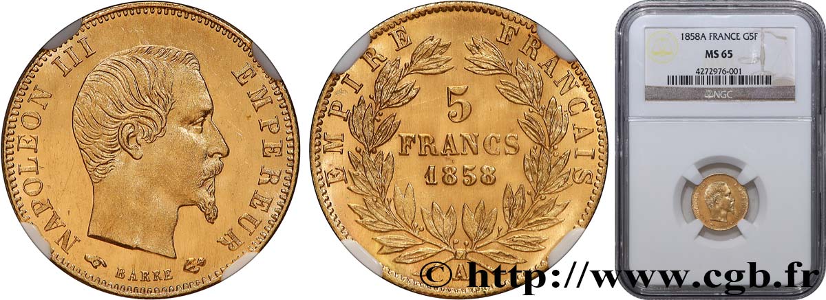 5 francs or Napoléon III, tête nue, grand module 1858 Paris F.501/5 MS65 NGC