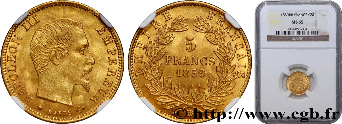 5 francs or Napoléon III, tête nue, grand module 1859 Strasbourg F.501/8 MS65 NGC