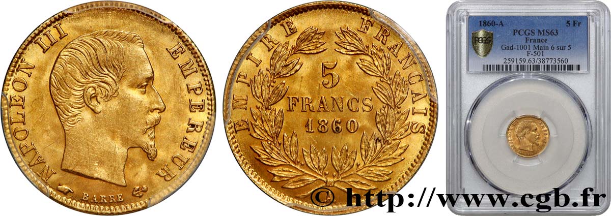 5 francs or Napoléon III, tête nue, grand module, 60/50 1860 Paris F.501/9 MS63 PCGS