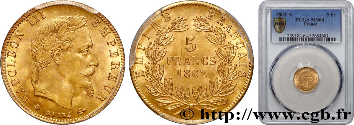 5 francs or Napoléon III, tête laurée 1862 Paris F.502/1 MS64 PCGS