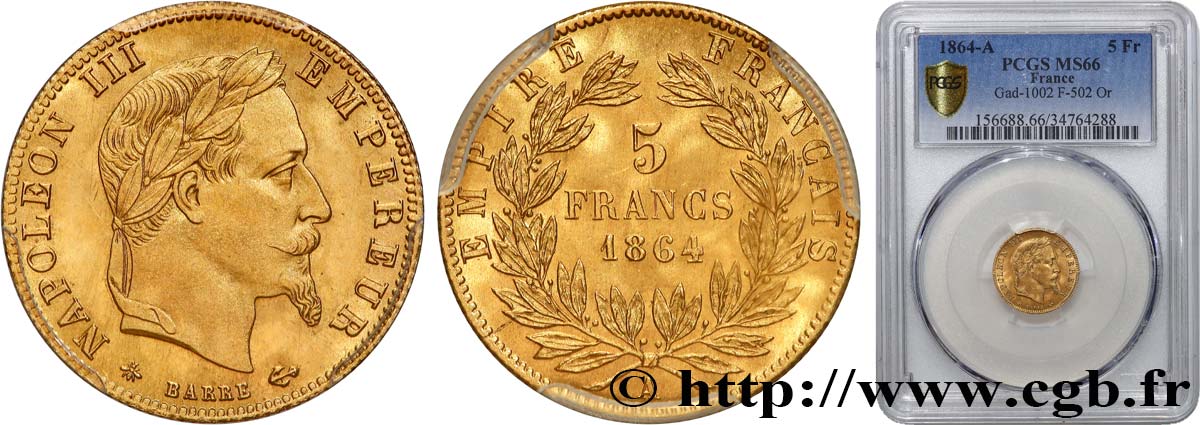 5 francs or Napoléon III, tête laurée 1864 Paris F.502/5 FDC66 PCGS