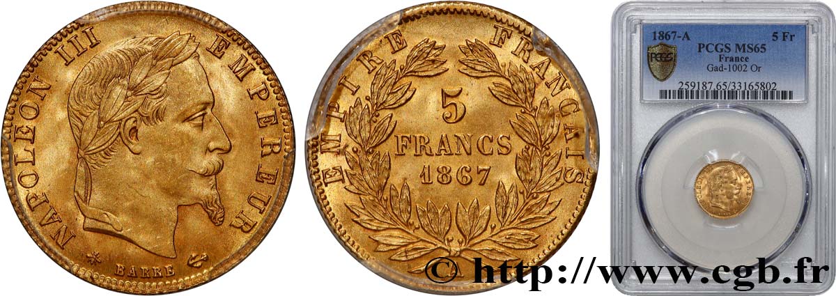 5 francs or Napoléon III, tête laurée 1867 Paris F.502/11 MS65 PCGS
