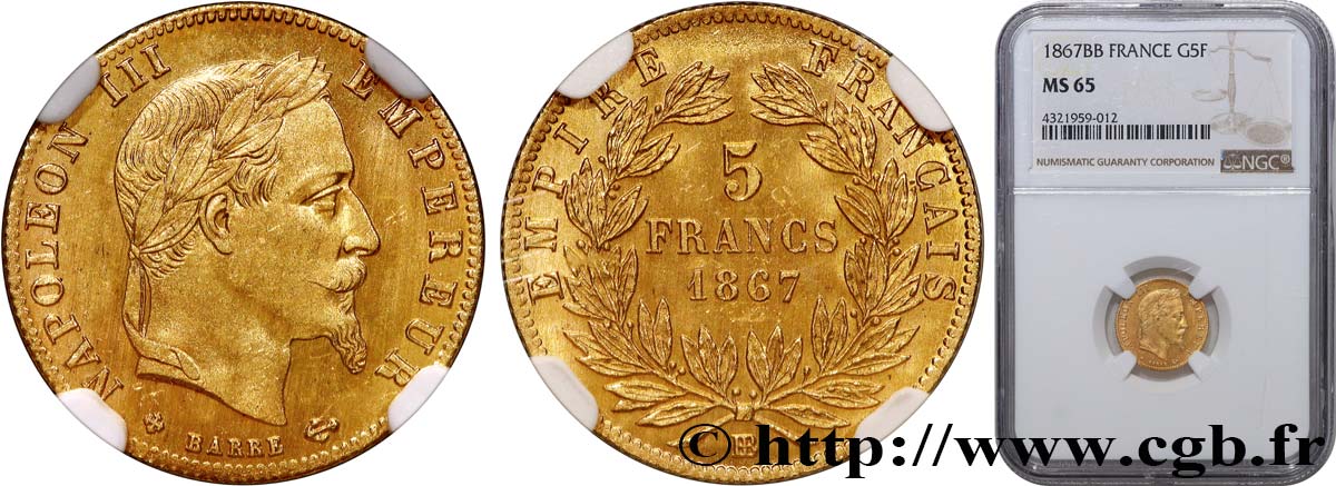 5 francs or Napoléon III, tête laurée 1867 Strasbourg F.502/12 MS65 NGC