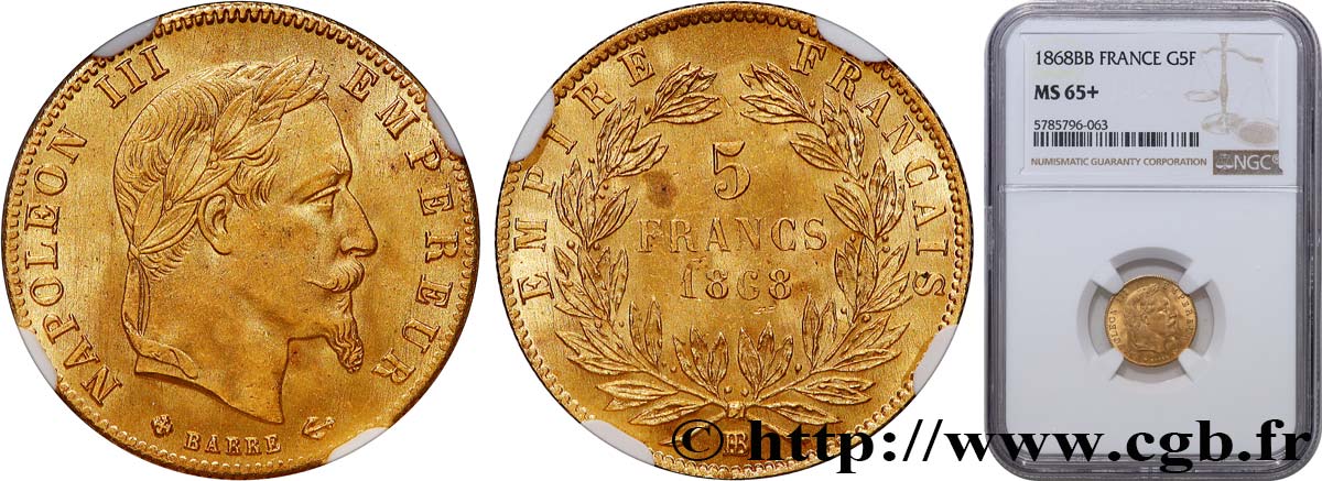 5 francs or Napoléon III, tête laurée 1868 Strasbourg F.502/14 FDC65 NGC