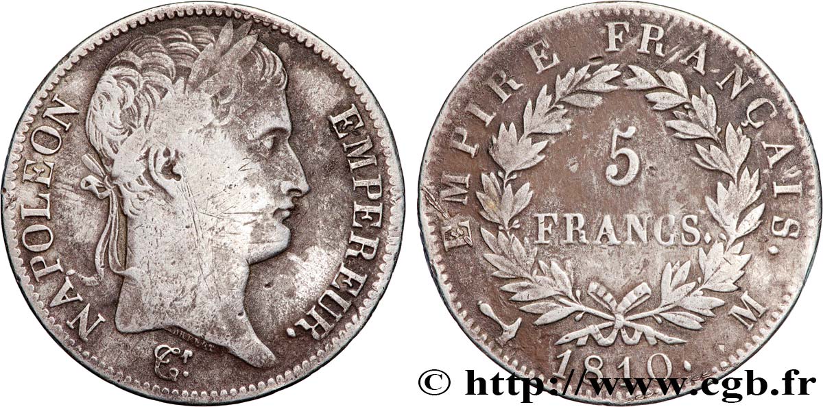 5 francs Napoléon Empereur, Empire français 1810 Toulouse F.307/22 q.MB 