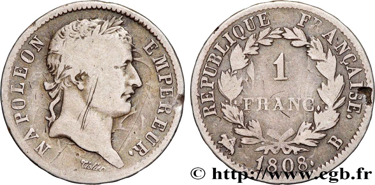 1 franc Napoléon Ier tête laurée, République française 1808 Rouen F.204/3 B+ 