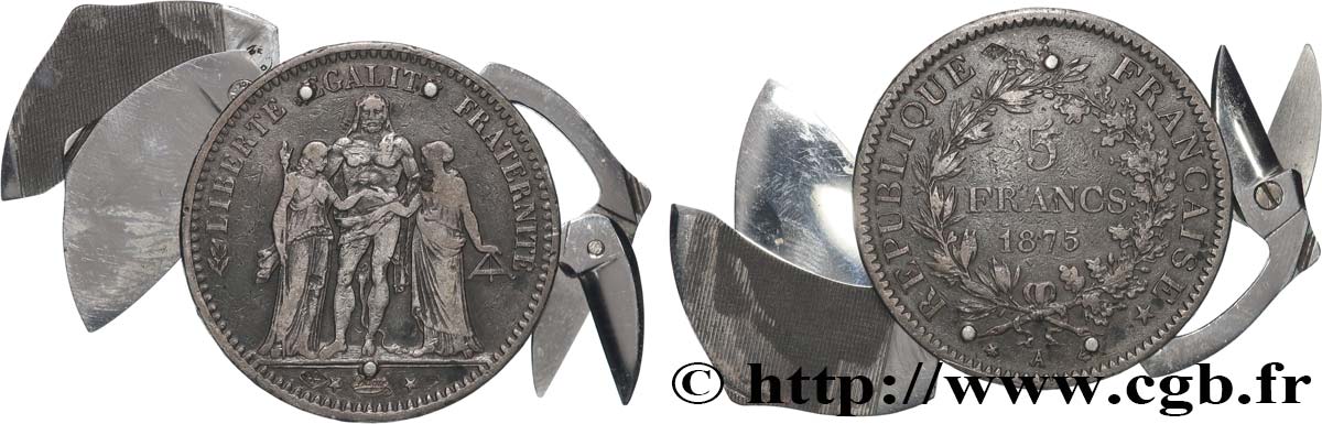 5 francs Hercule, transformé en porte-clé avec lime à ongle, couteau et paire de ciseaux 1875 Paris F.334/14 var. S 