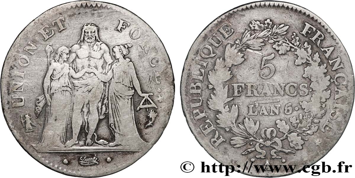 5 francs Union et Force, Union desserré, avec glands intérieurs et gland extérieur 1797 Paris F.291/3 VF 