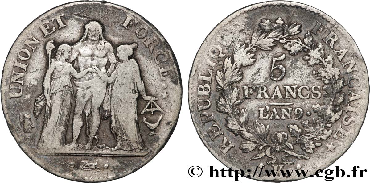 5 francs Union et Force, Union serré, avec glands intérieurs et gland extérieur 1801 Bordeaux F.288/159 VF 