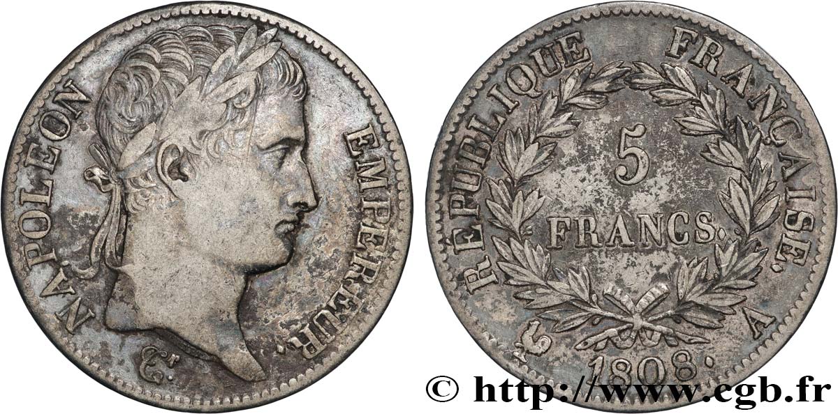 5 francs Napoléon Empereur, République française 1808 Paris F.306/2 fSS 