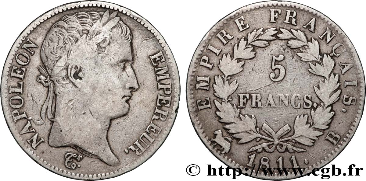 5 francs Napoléon Empereur, Empire français 1811 Rouen F.307/28 VF 