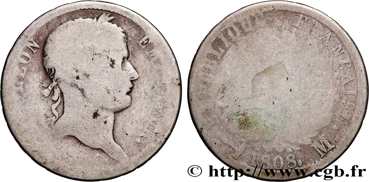2 francs Napoléon Ier tête laurée, République française 1808 Toulouse F.254/9 AB5 