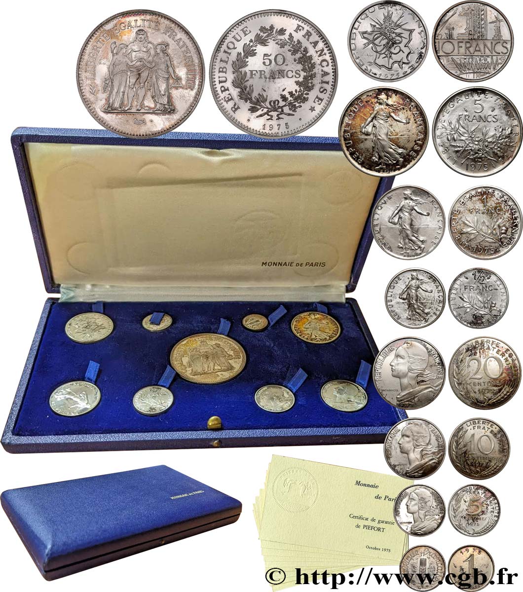 Coffret de 9 piéforts argent : 50, 10, 5, 1 et 1/2 franc et 20, 10, 5 et 1 centime 1975 Pessac GEM.292 CPA7 fST/ST 