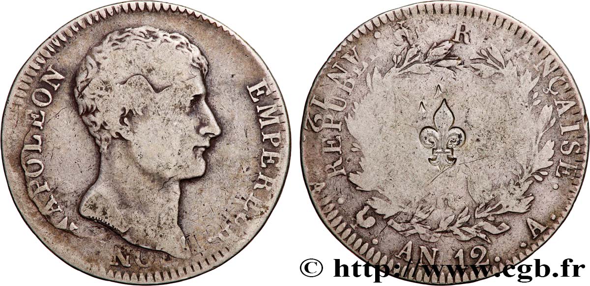 5 francs fauté Napoléon Empereur, type intermédiaire, double frappe contremarquée d’une fleur de Lys  1804 Paris F.302/1 TB 